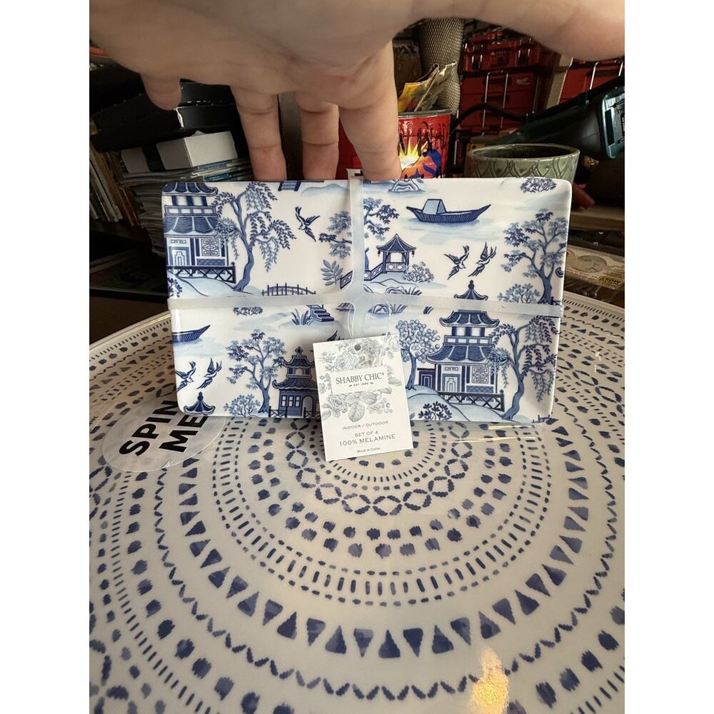 Set of 4 Blue and White asian melamine sushi desert plates 5”x8” •Brand New•